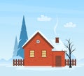 Winter landscape with red country house. Rural landscape. Cartoon vector illustration, flat style. Royalty Free Stock Photo