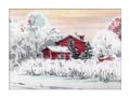 Winter landscape with red house Royalty Free Stock Photo