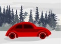 winter landscape reflection with fair trees under the snow background and car. landscape. Pine  spruce  christmas tree. Vector. Royalty Free Stock Photo