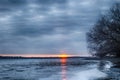 Winter landscape river in the Astrakhan region. After fishing. Royalty Free Stock Photo