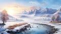 Winter landscape with a river on the background of snow-capped mountains during sunrise in pastel colors Royalty Free Stock Photo