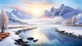 Winter landscape with a river on the background of snow-capped mountains during sunrise in pastel colors Royalty Free Stock Photo