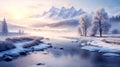 Winter landscape with a river on the background of snow-capped mountains during sunrise in pastel colors Royalty Free Stock Photo