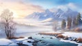 Winter landscape with a river on the background of snow-capped mountains during sunrise in pastel colors Royalty Free Stock Photo