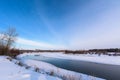 Winter landscape. the river didn `t freeze completely. panorama of sky and river Royalty Free Stock Photo