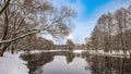 Winter landscape. The river surface of the water, blue sky, snow on the banks, reflections of trees without foliage Royalty Free Stock Photo