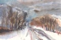 Winter landscape. Road in forest. Watercolor illustration.