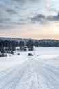 Winter landscape, road in forest after snowfall, north nature Royalty Free Stock Photo