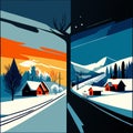 Winter landscape with road, houses and mountains. Vector illustration in flat style Generative AI