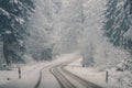 Winter landscape with a road leading into the dark snowy forest. Weather, transport, travel concept Royalty Free Stock Photo