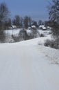 Winter landscape with road leading to village houses with snow covered roofs vertical orientation Royalty Free Stock Photo