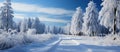 Winter landscape with road and trees covered with hoarfrost and snow Royalty Free Stock Photo