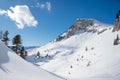 Winter landscape rofan alps, with hiking trails and tracks, blue sky Royalty Free Stock Photo