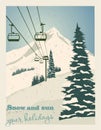 Winter landscape with ropeway station and ski cable cars. Snowy country scene vector illustration. Ski resort concept