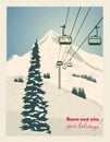 Winter landscape with ropeway station and ski cable cars. Snowy country scene vector illustration. Ski resort concept