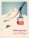 Winter landscape with ropeway station and ski cable cars. Snowy country scene vector illustration. Ski resort concept Royalty Free Stock Photo
