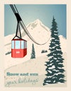 Winter landscape with ropeway station and ski cable cars. Snowy country scene vector illustration. Ski resort concept