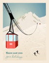 Winter landscape with ropeway station and ski cable cars. Snowy country scene vector illustration. Ski resort concept Royalty Free Stock Photo