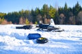 Winter landscape in Russia. Winter recreation, tubing and Snowmobiling