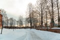 Winter landscape, Russian nature, early morning in the monastery, dawn pink light