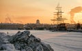 Winter landscape in Saint Petersburg, frozen Neva river and ship at the pier