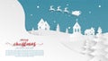Winter landscape with Santa Claus on sleigh and reindeer flying over village on snowfield in paper cut style. Vector illustration Royalty Free Stock Photo