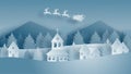 Winter landscape with Santa Claus on sleigh and reindeer flying over village on snowfield in paper cut style. Vector illustration Royalty Free Stock Photo