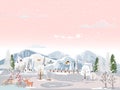 Winter landscape scene in Christmas night at small village with house on hills and Santa sleigh and reindeers flying over the sky Royalty Free Stock Photo