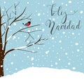 Winter Landscape Scene. New Year Greeting Card. Forest Falling Snow Red Capped Robin Bird Sitting on Tree. Blue Sky.Feliz Navida d Royalty Free Stock Photo