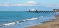 Winter landscape of the sea and mountains with snow on the tops of Belek beach in Turkey in January