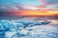 Winter landscape on seashore during sunset. Lofoten islands, Norway. Royalty Free Stock Photo