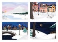 Winter landscape set. City and forest landscape. Beautiful houses Royalty Free Stock Photo