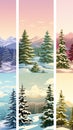 Winter landscape set of four different scenes with snow covered trees, AI