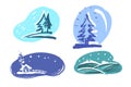 Winter landscape set with a house, forest, christmas tree and snowfall. Vector Illustration Royalty Free Stock Photo