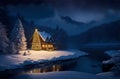 Winter landscape with a shining Christmas tree near a wooden house standing by the river in the mountains at night