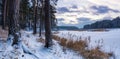 Winter landscape on the shore of the frozen river in the evening, Russia, Ural Royalty Free Stock Photo