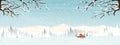 Winter landscape with silhouettes of misty pine trees in forest with lonely farm house, Vector illustration peaceful natural in