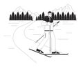 Winter landscape skiing black and white cartoon flat illustration