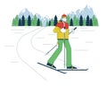 Winter landscape skiing line cartoon flat illustration