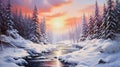 winter landscape with a small river at sunset