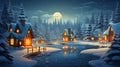 Winter landscape with a small village by the river at night. Vector illustration. generate AI Royalty Free Stock Photo