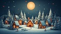 Winter landscape with a small village by the river at night. Vector illustration. generate AI Royalty Free Stock Photo