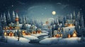 Winter landscape with a small village by the river at night. Vector illustration. generate AI Royalty Free Stock Photo