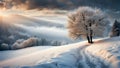 Winter landscape with snow. Beautiful christmas panorama with fresh powder snow