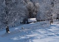 Snow covered cabin on the edge of the forest in hoar frost Royalty Free Stock Photo