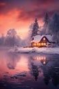 Winter landscape with a snow covered cottage by a tranquil lake, and frosty trees under a sunset sky. Copy space Royalty Free Stock Photo