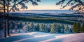 Winter landscape with snow covered fir trees and blue sky. Beautiful Christmas background. Panoramic view. Generative AI Royalty Free Stock Photo