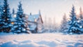 Winter landscape with snow covered fir trees and house. Royalty Free Stock Photo