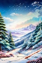 Winter landscape with snow covered fir trees, mountains and blue sky Royalty Free Stock Photo