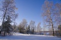 Winter landscape. Snow-covered forest. A bench covered with snow. Snowdrifts in the frosty forest. Royalty Free Stock Photo